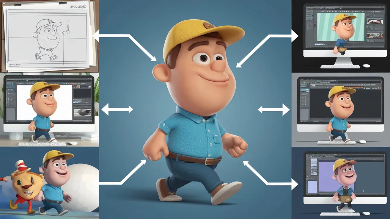 A detailed view of the 2D animation production process, including storyboarding, character design, and animation stages.